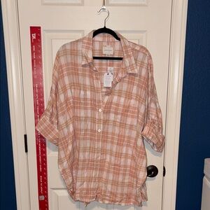 AMERICAN EAGLE Linen Peach and Cream Plaid Shirt